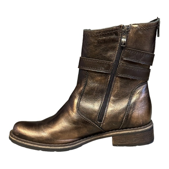 V-Italia Bronze Metallic Leather Moto Boots Women’s 7 EU 38 Mid Calf Buckle Zip - Picture 5 of 13